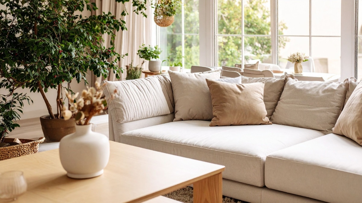 Detailed residential cleaning creates a fresh living room with spotless white furnishings.
