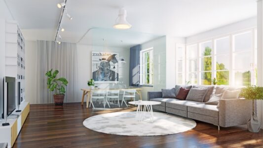 Residential cleaning professionals keeping a spacious living room pristine.